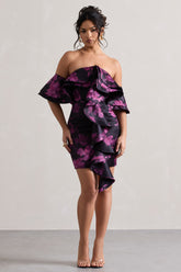 Black Floral Print Bardot Mini Dress With Ruffles